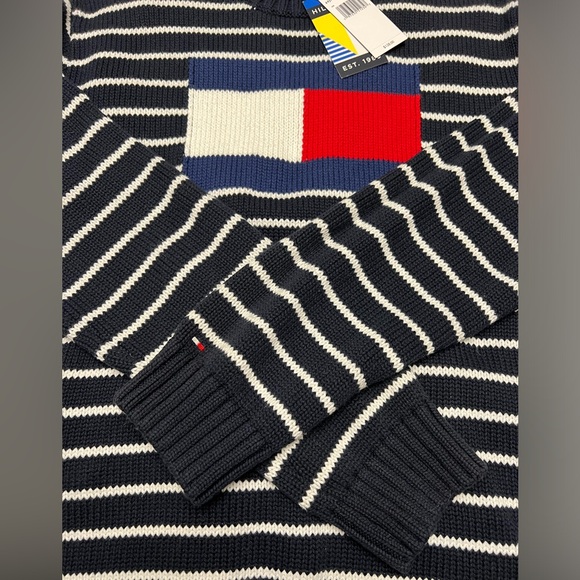 TOMMY HILFIGER Men's NAVY BLUE STRIPED Knit FLAG LOGO SWEATER Size XXL - Picture 4 of 5